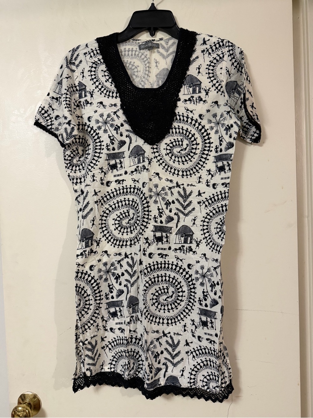 Black & Cream Folk Print Tunic Mini Dress - size S